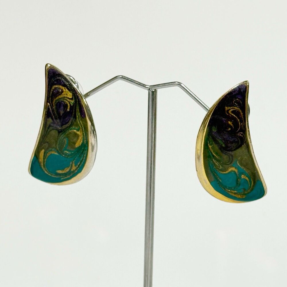 Vintage Enamel Teardrop Earrings Gold Tone Purple Green Blue Abstract Art - Picture 9 of 16